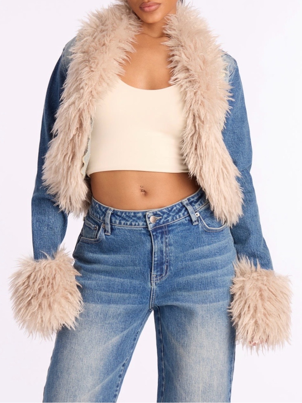 Fashion Nova Blue Denim Cropped Jacket with Cream Faux-Fur Trim